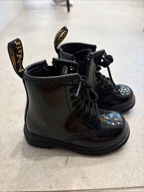Dr. Martens Kids Black Patent Lace-Up Ankle Boots with Yellow Pull Tab